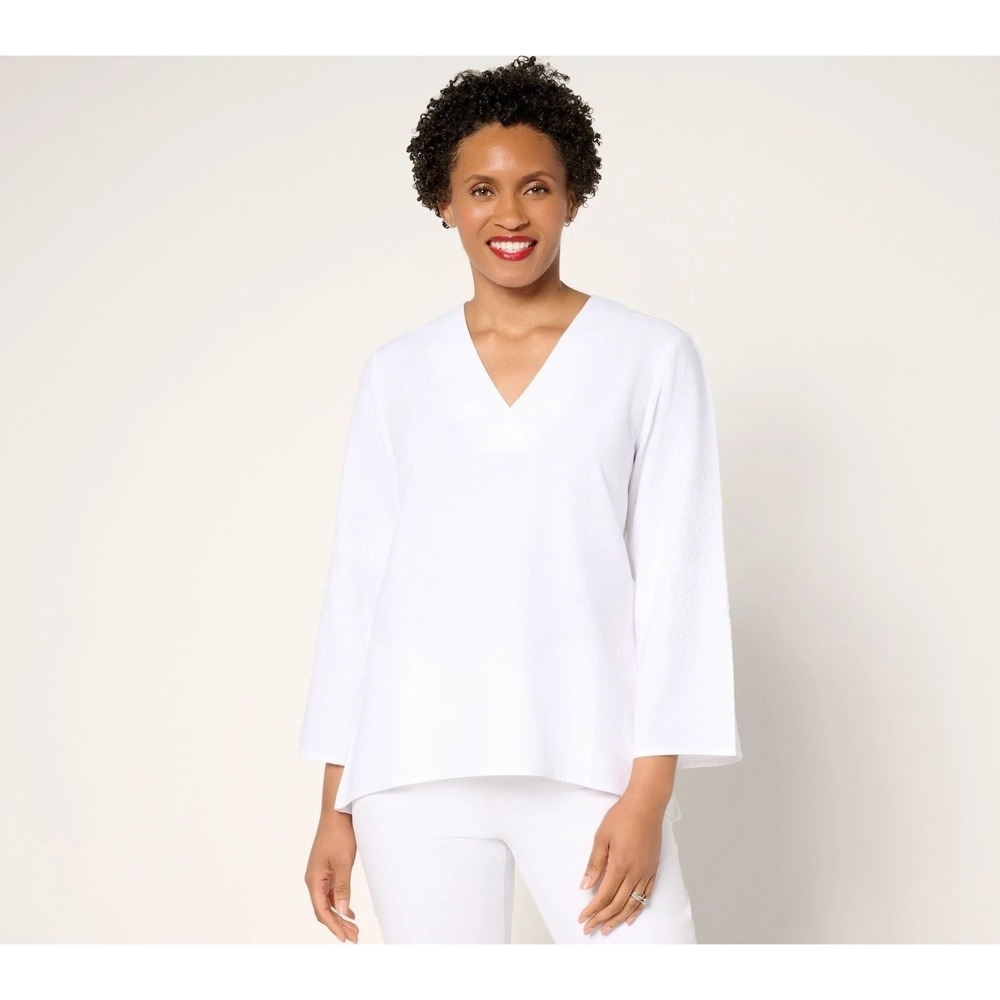 BEAUTIFUL by Lawrence Zarian Women's Top Sz L Linen Blend Eyelet White #6L